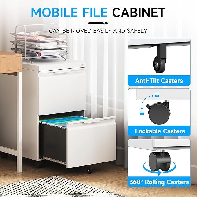 Bestoo 2-Drawer Mobile File Cabinet with Lock, Metal Filing Cabinet on Wheels for Home Office Under Desk, Fits File Folders, Letter/Legal/F4/A4 Size, Assembly Required (White)