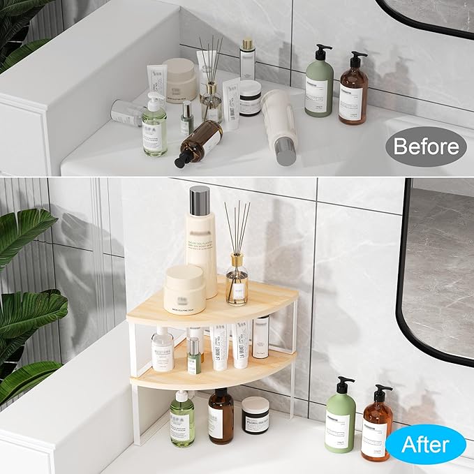 Corner Shelf Countertop Organizer - Set of 2 Corner Shelves for Kitchen Cabinet Organizer, Spice Rack, Stackable Bathroom Stand and Storage, Sink Rack, Corner Cabinet, Counter Decor, Natural Beige