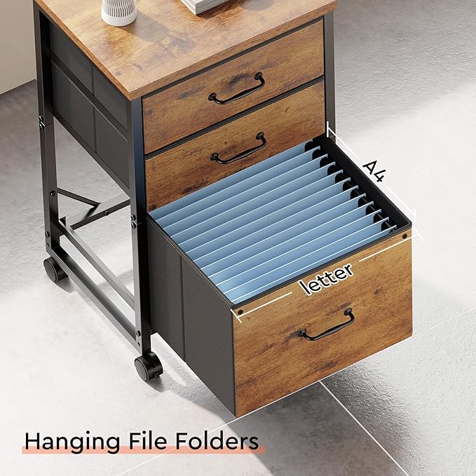 Maihail 3 Drawer Mobile File Cabinet with Wheels Fabric Vertical Filing Cabinet fits A4 or Letter Size for Home Office,Rustic Brown2