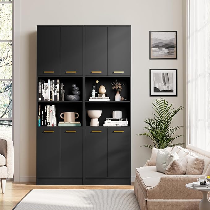Cozy Castle Kitchen Pantry Cabinet, 75" Tall Wood Storage Cabinet with Doors and Shelves, 4 Doors Open Countertop Utility Hutch Cupboard for Dining Room Living Room Bathroom Furniture, Black