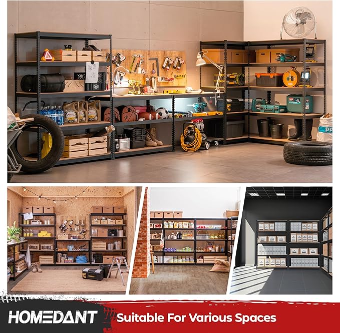 HOMEDANT 5 Tier Storage Shelves Adjustable Laminated Boltless Garage Metal Shelving Unit Heavy Duty Utility Rack Shelf Warehouse Pantry Closet Kitchen (2, (L) 48.1" W, Black)