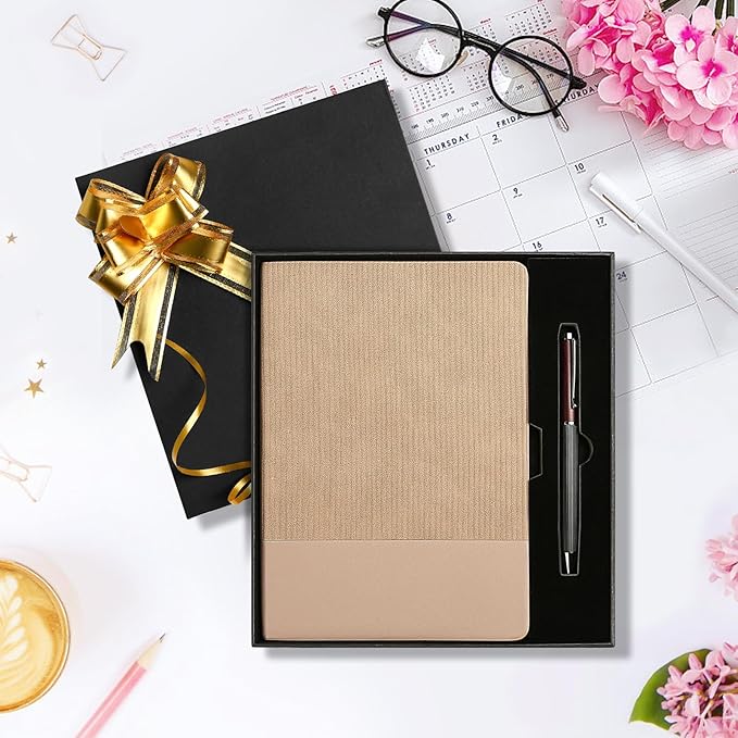 TSFPapier A5 Lined Notebook with Pen & Gift Box 216 Pages PU Leather Journals for Women Men 100GSM Thick Paper College Ruled Notebook for Christmas Gifts, School,Travel,Business,Work,Home Writing (Khaki)