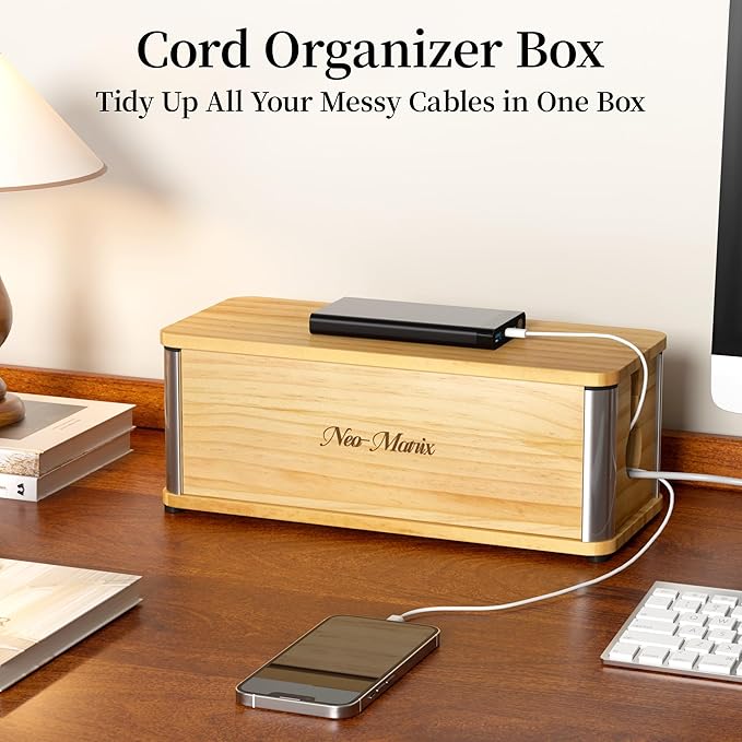 Delamu Wooden Cable Management Box, Retro-Inspired Look Desk Cord Organizer Box for Home Office, Large Cable Organizer Hides Cords and Power Strips, Power Strip Cover, 14.3" x 6.0" x 5.5", White
