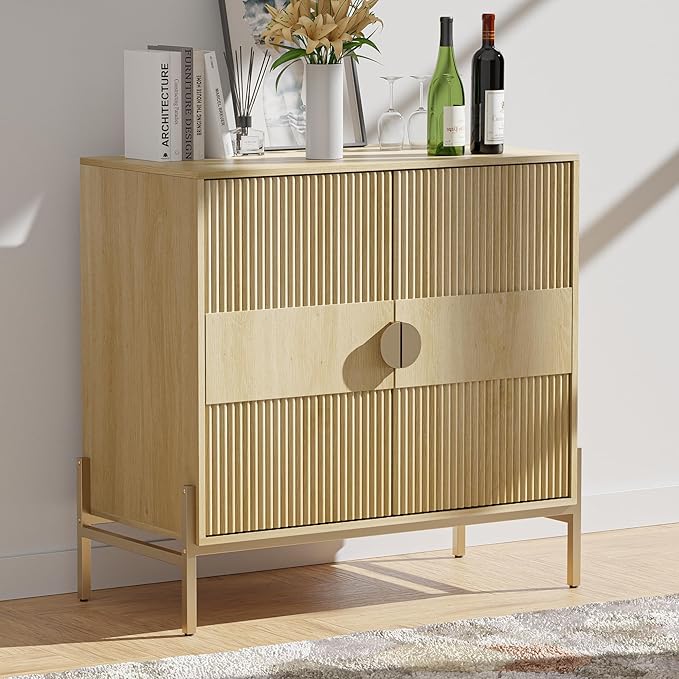 HOCAT 30.7" Accent Cabinet, Modern Buffet Cabinet with Gold Metal Legs, Fluted Sideboard for Dining Room, Kitchen, Oak