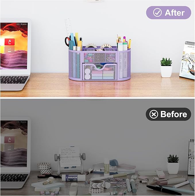 EasyPAG Mesh Pen Holder Desk Organizer with Drawer Stationery Supplies Organizer for Dorm School 9 Compartments Workspace Desk Accessories Organization for Office (Light Purple)