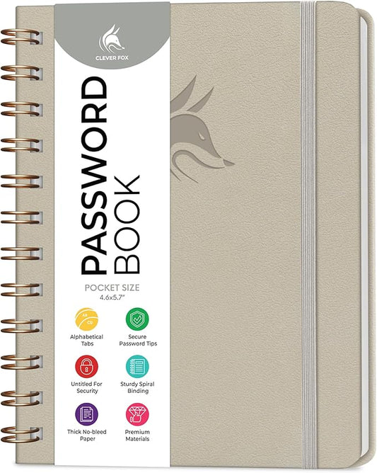Clever Fox Password Book Spiral – Mini Internet Address & Password Organizer with Laminated Alphabetical Tabs – Small Password Keeper Journal – Hardcover, Pocket Size, 4.7x5.7” (Foggy Alps)