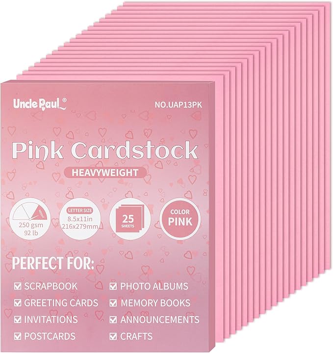 25 Sheets Pink Cardstock - 8.5'' x 11'' Double-sided Cover Card Stock 92lb/250gsm Heavyweight Paper for Art Crafts Scrapbooking Wedding Valentine's Day Cards Party Décor UAP13PK