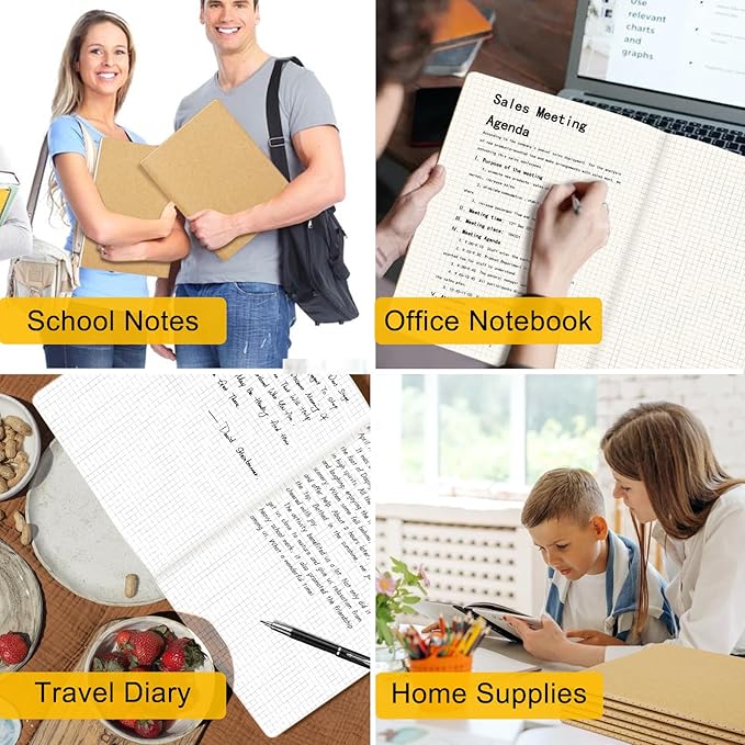 EUSOAR Graph Journal, 3 Packs Large A4 8.5" x 11" 40 Sheets/ 80 Pages, 100gsm Thick Paper Kraft Sketchbook Composition Diary Subject Notebooks Planner Journal for Office