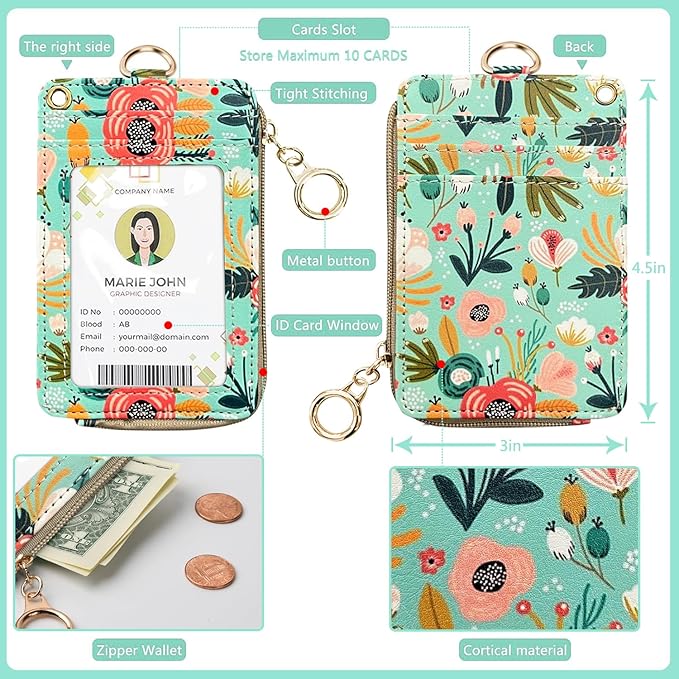 bolimoss Floral Lanyard Wallet, Cute Teacher Lanyards for ID Badges Keychain Wallet,Badge Holder with Zip Pocket, ID Holder Wallet with Neck Wrist Lanyard for Women Nurse Teacher Student (Green)