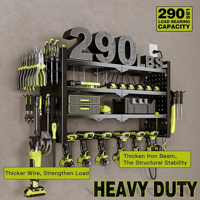 NattyDot Power Tool Organizer Wall Mount with Charging Station 4 Layer 6 Slot Cordless Drill Holder with Angle Grinder Holder (Black)