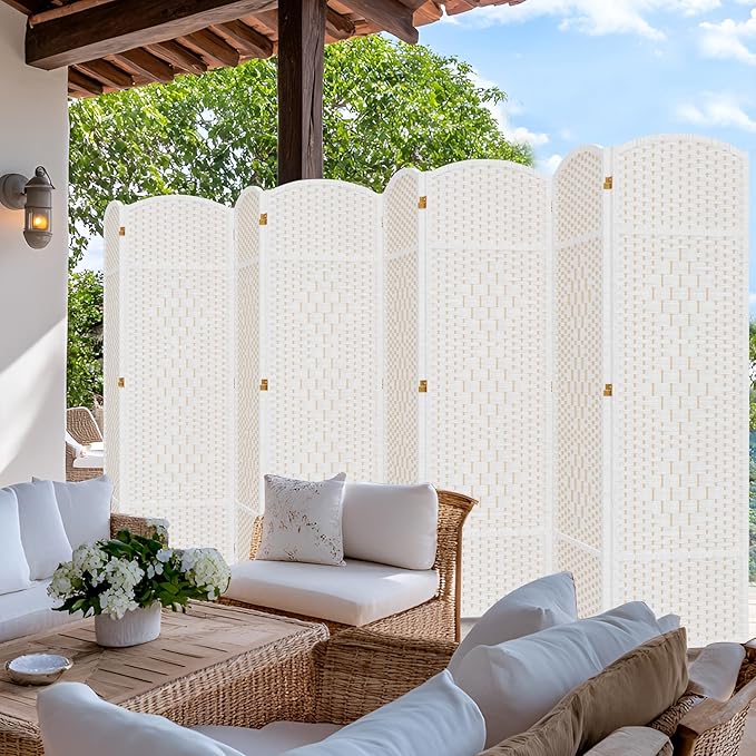 DURASPACE 8 Panel Room Divider, 6ft Tall Folding Privacy Screen, 19.5" Wide Panels, 360°Rotation, Hand-Woven Freestanding Wood Partition for Room Separation
