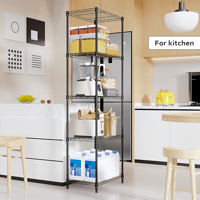 M MZG 5 Tiers Shelf Metal Storage Shelves Wire Rack Closet Organizers with Wheel for Garage Kitchen Bathroom Laundry Black 11.8" D x 17.7" W x 55" H