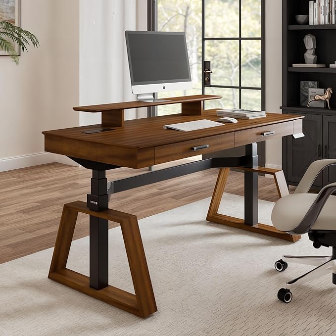 EUREKA ERGONOMIC Standing Desk, 63 inch Executive Desk with Drawers,Modern Trapezoidal Leg Luxury Home Office Computer Desk w Monitor Stand,Red Oak