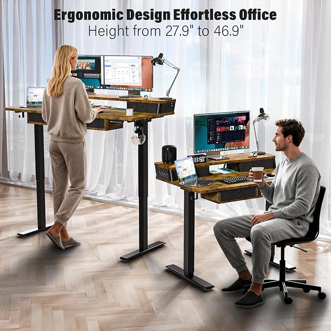 Kingant 55 x 24 Inch Electric Standing Desk with 4 Drawers, Height Adjustable Sit to Stand Computer Desk with Storage Shelf and C-Clamp Mount Compatibility for Home Office, Rustic Brown