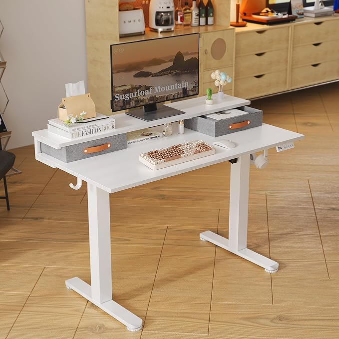 Claiks Electric Standing Desk with 2 Drawers, Adjustable Standing Desks with Storage, Height Adjustable Stand up Desk for Home Office with 2 Hooks,48 Inch White