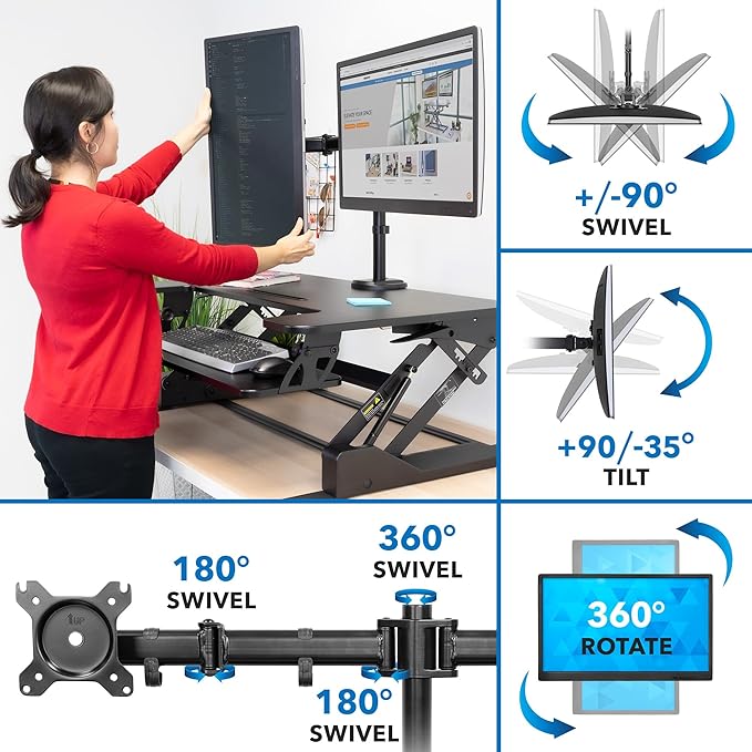 Mount-It! Standing Desk Converter Dual Monitor, 2 Screen Mounts Included, Height Adjustable Desk Riser in Black, Stand Up Desk Convertor Large 36" Wide, Sit Stand Convertor with Manual Lift Gas Spring