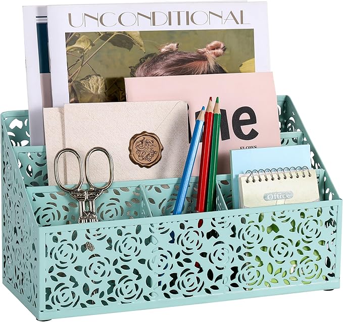 DINGTAI Modern Countertop Organizer, Desk Accessories - Organizer for Bills, Letters, Papers - Mail Sorter, Pencil Holder (Blue)