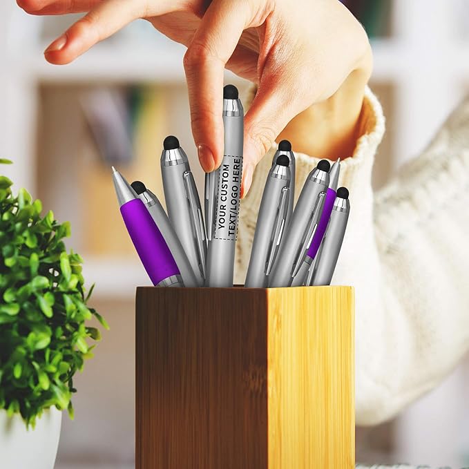 DISCOUNT PROMOS Custom Stylus Ballpoint Pens Set of 100, Personalized Bulk Pack - Black Ink, Great for Office, School, Business, Tradeshows, Events - Purple