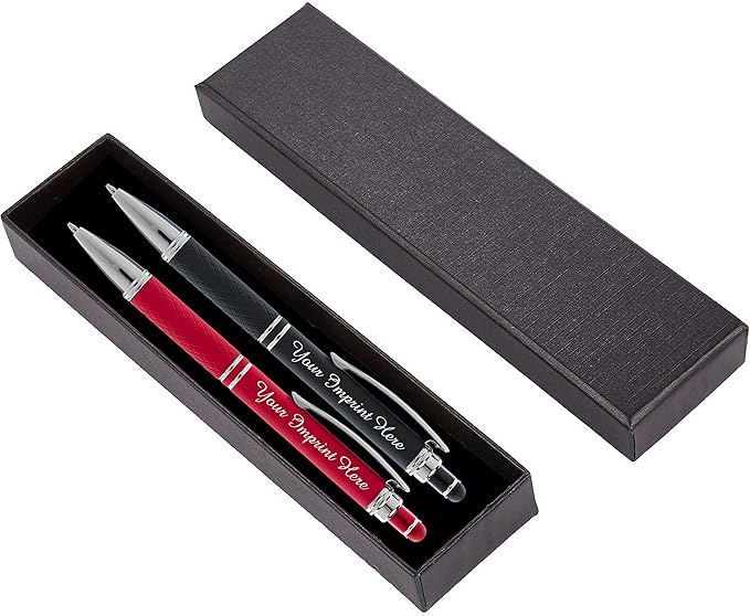 ExpressDesigns™ - Personalized Pens Gift Set - 2 Pack of Soft Touch Metal Pens w/gift box - Luxury Ballpoint Pen Custom Engraved with Name or Message (Black - Red)