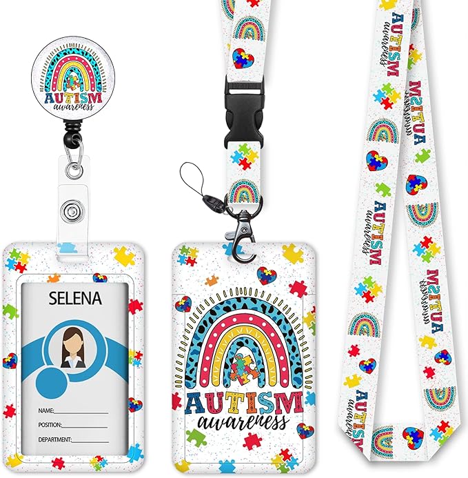 ID Badge Holder with Lanyard, Autism Awareness Retractable Badge Holders Reels, Rainbow Breakaway Lanyards Keychain, Cute ID Holders for Women Teacher Nurse Nursing Doctor Student