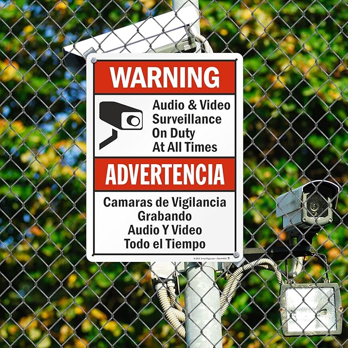 SmartSign 24 x 18 inch “Warning - Audio & Video Surveillance On Duty At All Times” Bilingual Sign, 80 mil Laminated Rustproof Aluminum, Red, Black and White, Made in USA
