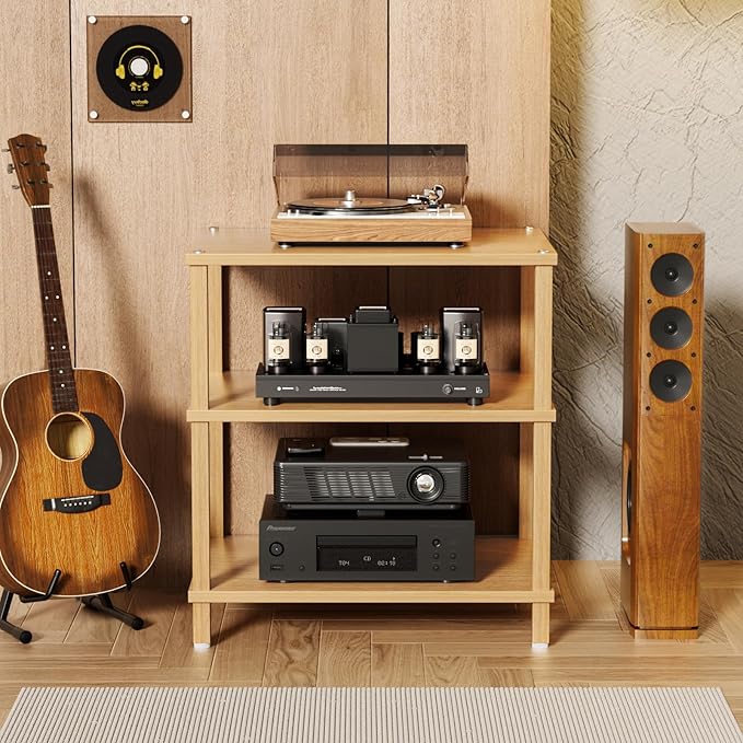 LELELINKY 3-Tier AV Media Player Stand Set of 2, Natural Stereo Cabinet, Wooden TV Stand,Game Console Shelf, Multifunctional Entertainment Center, Suitable for Home, Conference Room, Game Studio