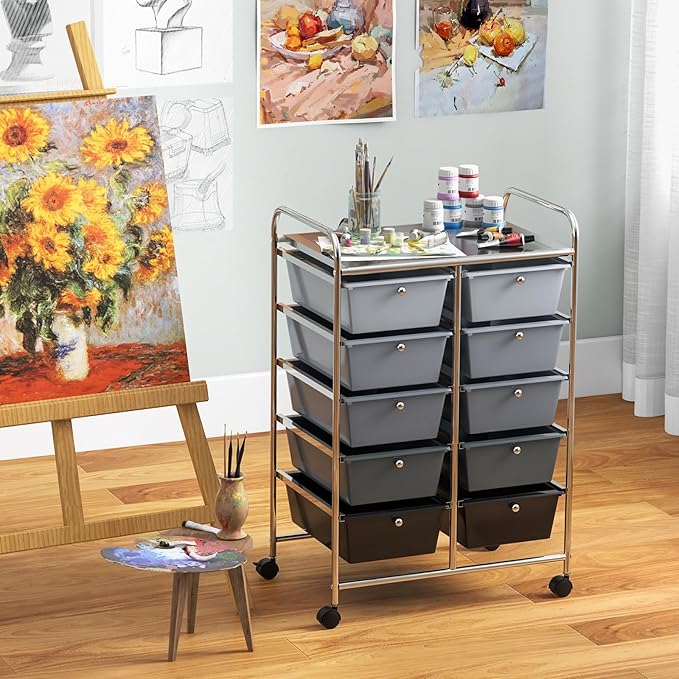 GLACER 10 Drawer Rolling Cart, Storage Cart with Lockable Whieels & Metal Frame, Trolley for Art Craft Oganizer, Mobile Utility Cart for Office, School, Classroom, Kitchen (Black Gradient)