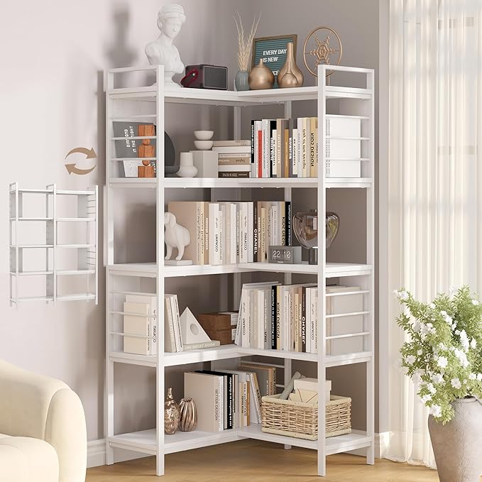 5 Tier Corner Bookshelf, Reversible Corner Shelf, Industrial Wooden Display Book Shelf Stand, L-Shaped Etagere Bookcase with Storage Shelves and Metal Frame for Living Room, Bedroom, Home Office