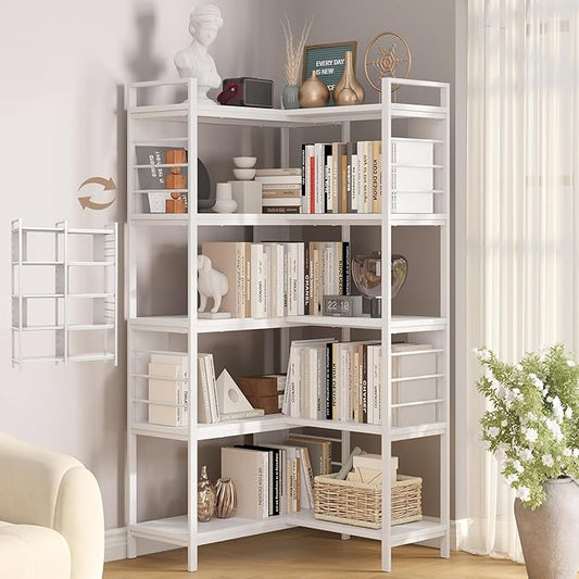 5 Tier Corner Bookshelf, Reversible Corner Shelf, Industrial Wooden Display Book Shelf Stand, L-Shaped Etagere Bookcase with Storage Shelves and Metal Frame for Living Room, Bedroom, Home Office