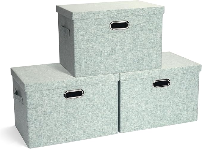 Graciadeco Large 17" 36 Quart Collapsible Stackable Storage Bins with Lids, 3 Packs Light Green Linen Fabric Closet Boxes with Lids, Storage Cube Baskets Container Organizers for Office (17x12x11)