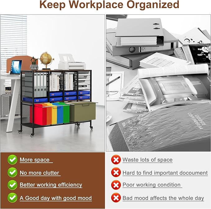EasyPAG Rolling File Cart with 24 Slot Mail Organizer, Under Desk Storage with Hanging File Rack for Letter/Legal Folders, Mobile Filing Cabinet Printer Stand for Office Home Classroom, Black