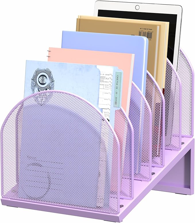 OUTIOE 5-Section Desk File Organizer, Metal Mesh Folder Organizer for Documents, Mail & Office Papers (Purple)
