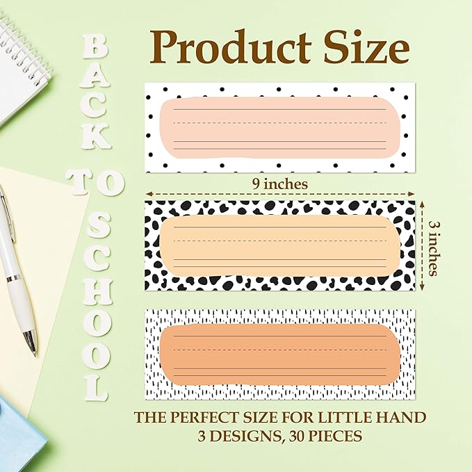 30 Name Tags for Classroom Cubbies, 3x9 in Cow Print Name Plates for Desks, Classroom Must Haves for Teachers Elementary - A04