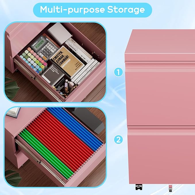 METAN 2 Drawer File Cabinet with Lock, Mobile Under Desk Filing Cabinet for Office Legal/Letter Size, Fully Assembled Except Wheels,Pink