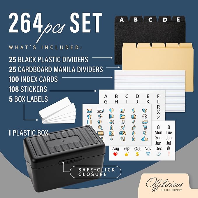 OFFILICIOUS Black Index Card Holder 4x6 - Index Card Box With Index Dividers, Ruled Cards & Stickers - Recipe & Flash Card Holder Box Organizer
