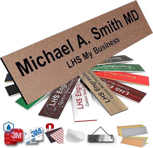 Engraved Name Plates for Door Sign Personalized Textured Copper Plastic Plaque with Black Letters - Made in USA 2x4 M2