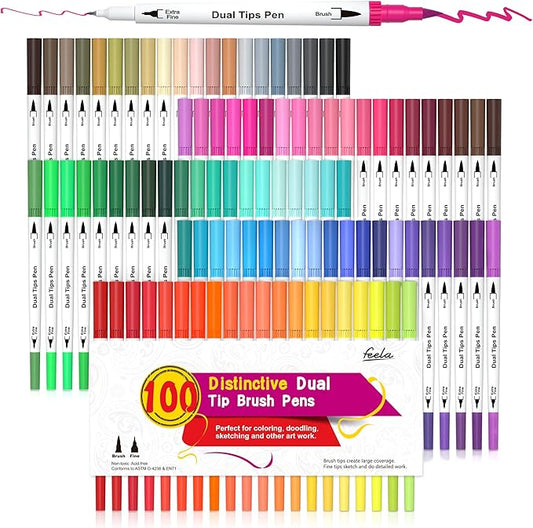 feela 100 Colors Dual Tip Brush Pens with Fineliners Art Markers, Watercolor Dual Brush Tip and Highlighters For Adult Coloring Books, Art, Sketching, Calligraphy, Manga, Journal