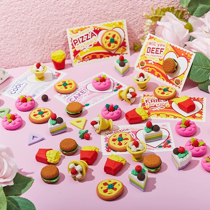JOYIN 36 PCS Valentines Day Gift Cards with 3D Dessert Erasers for Kid Classroom Cards, Party Favor Toy Card Party Favor, Classroom Prize Supplies, Valentine’s Greeting Cards