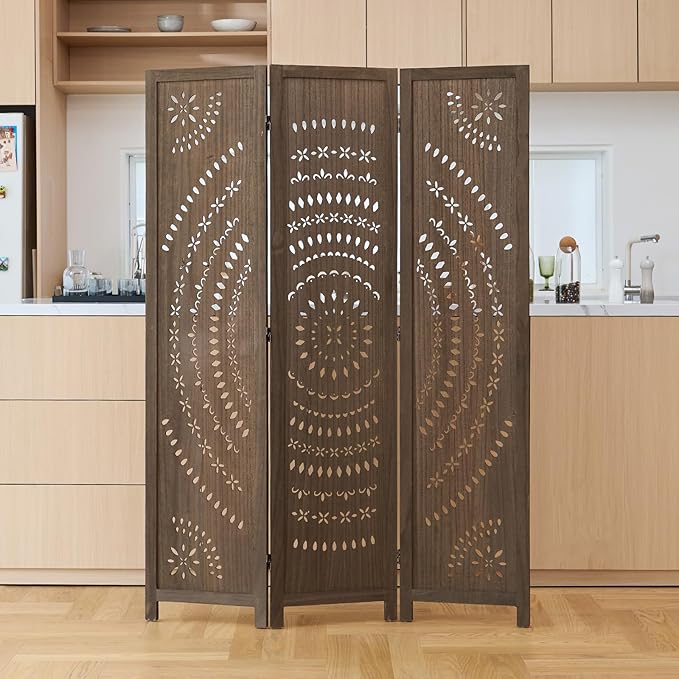66.9Inch Folding Room Divider, 3 Panels Wood Carved Privacy Screens, Free Assembled Freestanding Partition for Home Office Restaurant Bedroom (Brown)