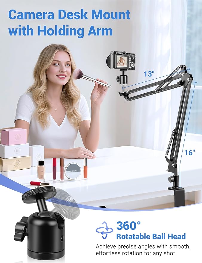 Evekea Overhead Camera Mount, Desk Camera Mount with 360° Adjustable Arm and Phone Holder for DSLR Cameras/iPhone/Webcam/Ring Light, Desk Phone Stand for Video Recording,Zoom Meeting,YouTube,TikTok