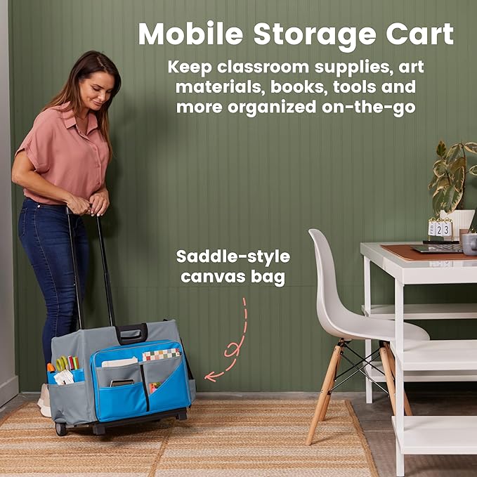 ECR4Kids Universal Rolling Cart with Canvas Organizer Bag, Mobile Storage, Blue/Grey