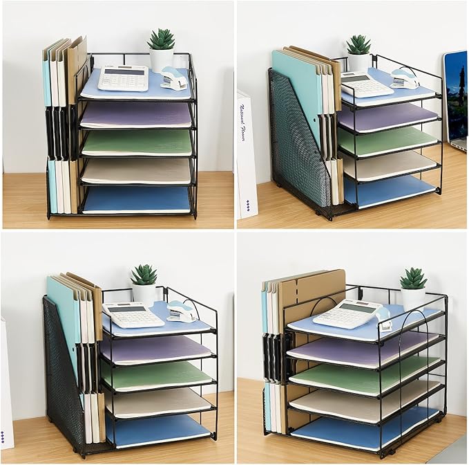LEKETREE Desk Organizers and Accessories, 5-Tier Paper Letter Tray Organizer with File Holder, Desktop Organizer for Office Supplies (Black)