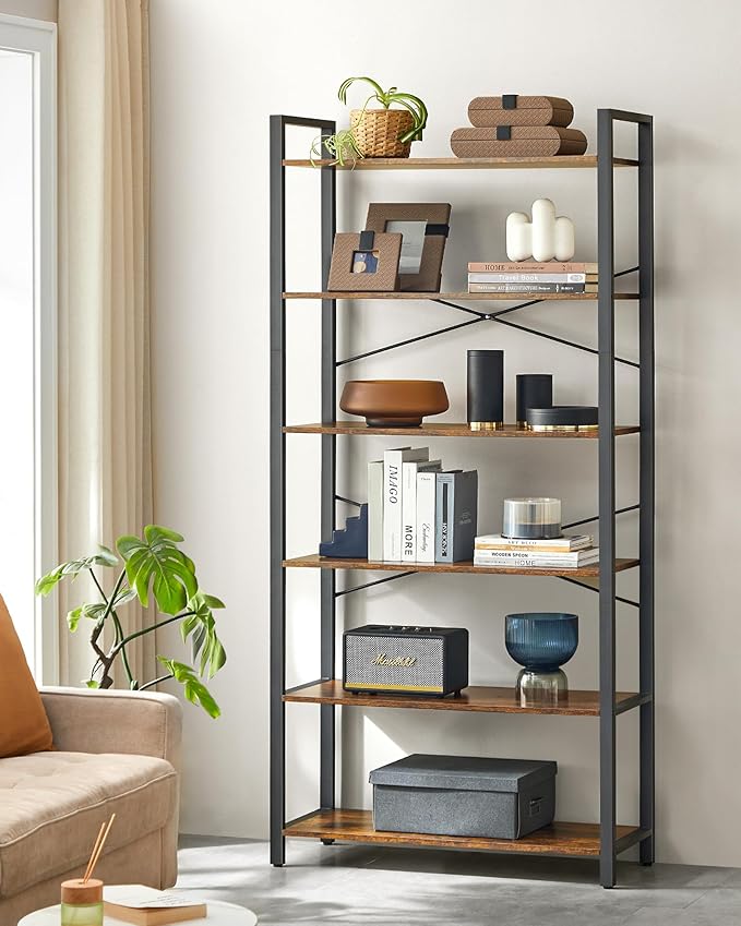 VASAGLE 6-Tier Bookshelf, Bookcase with Steel Frame, Book Shelf for Living Room, Home Office, Study, 11.8 x 31.5 x 73.2 Inches, Industrial Style, Rustic Brown and Ink Black ULLS082B01