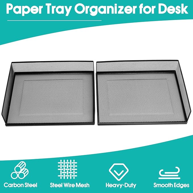 AZFUNN Wire Mesh Letter Trays Paper Tray Desk File Organizer, 2 Pack Stackable Metal Front-Load Documents Tray for Office Supplies File (Transverse)