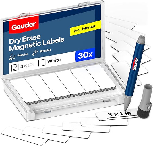 GAUDER Magnetic Dry Erase Labels | 30x Magnetic Labels (3 Inches x 1 Inch) | Dry Erase Magnets for Classroom, Whiteboard and Blackboard
