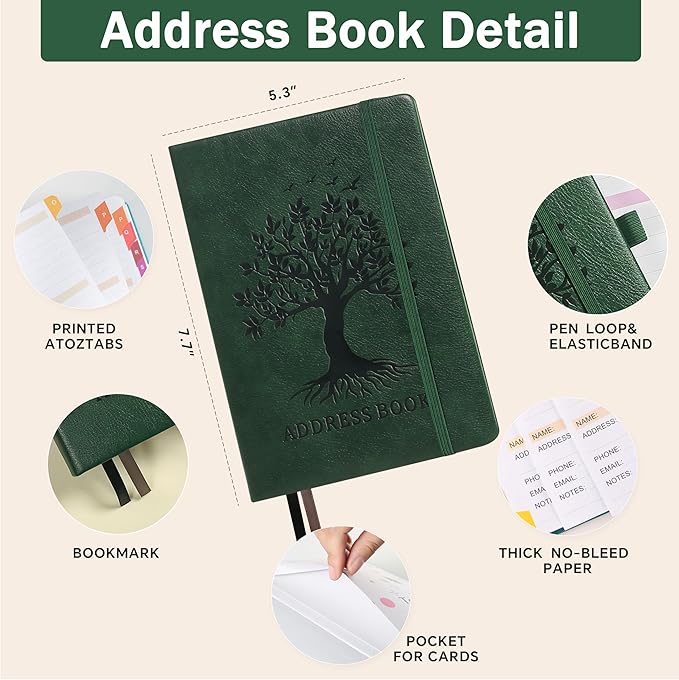 ZXHQ Address Book with Colorful Alphabetical Tabs (8.4" x 5.8") - Address Books for Seniors Hardcover Telephone and Contact Organizer, with Space for Important Website Passwords - Dark Green