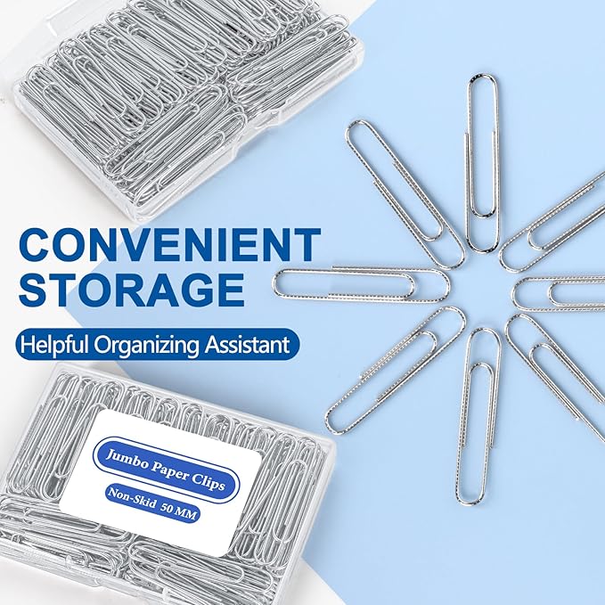 Jumbo Paper Clips Non-Skid, 1000 Large Paper Clips 10 Boxes of 100 Each, Jumbo Size for Home, Office, School Supplies, 2 Inch Silver Heavy Duty Nonskid Paperclips