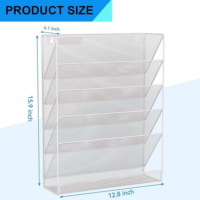 GDINDINFAN Wall File Organizer Holder Mesh Hanging Paper Document Holder, Vertical 6 Pocket Tier for Office Home, Silver