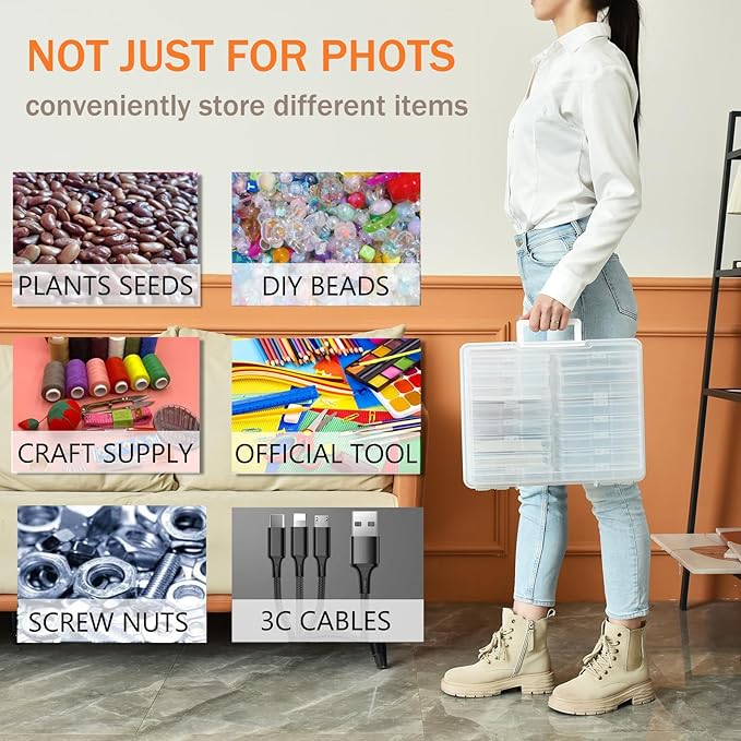 ALINK Photo Storage Box with Handle, 4" x 6" Photo Case Craft Keeper Organizer Container with 16 Inner Case and Label for Pictures, Arts, Crafts, Sewing, Stickers, Office Supplies - Clear
