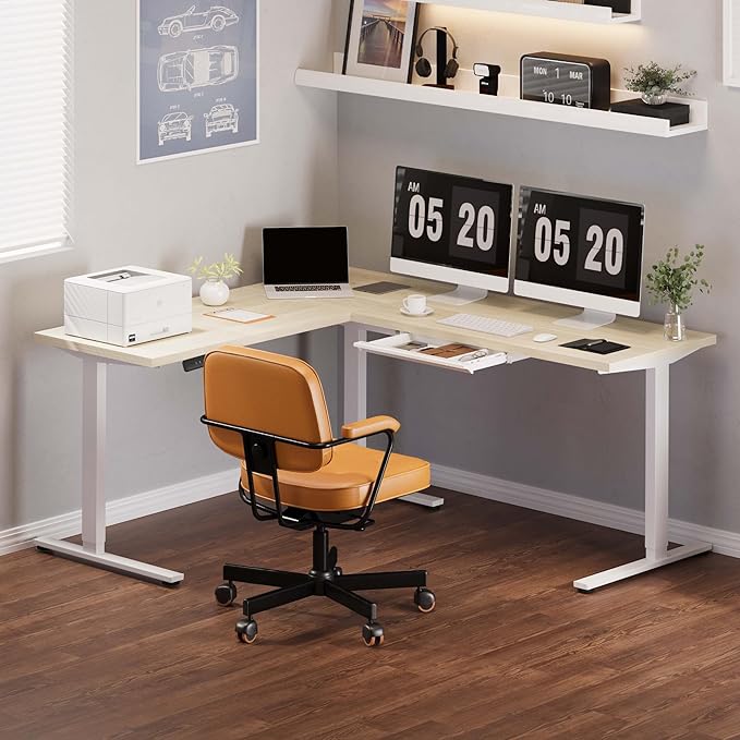 FLEXISPOT L Shaped Standing Desk, 71 x 63 Inch Electric Height Adjustable Corner Desk, Sit Stand Computer Workstation, Preset Controller, Home Office, White Frame with Maple Top, White Drawer